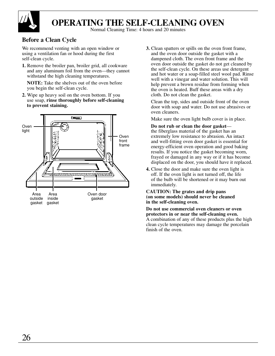 Self-cleaning instructions, Self-cleaning instructions –28, 26 operating the self-cleaning oven | Before a clean cycle | GE EGR3000 User Manual | Page 26 / 52