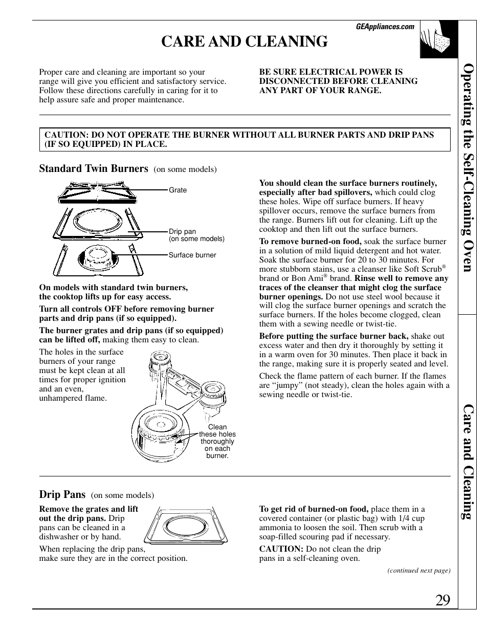 Care and cleaning, Burner assembly, Burner assembly , 30 | GE EGR3000 User Manual | Page 29 / 52