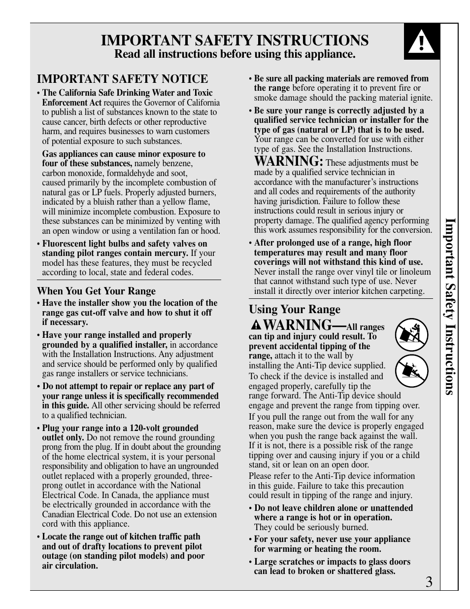 Warning, Important safety instructions | GE EGR3000 User Manual | Page 3 / 52