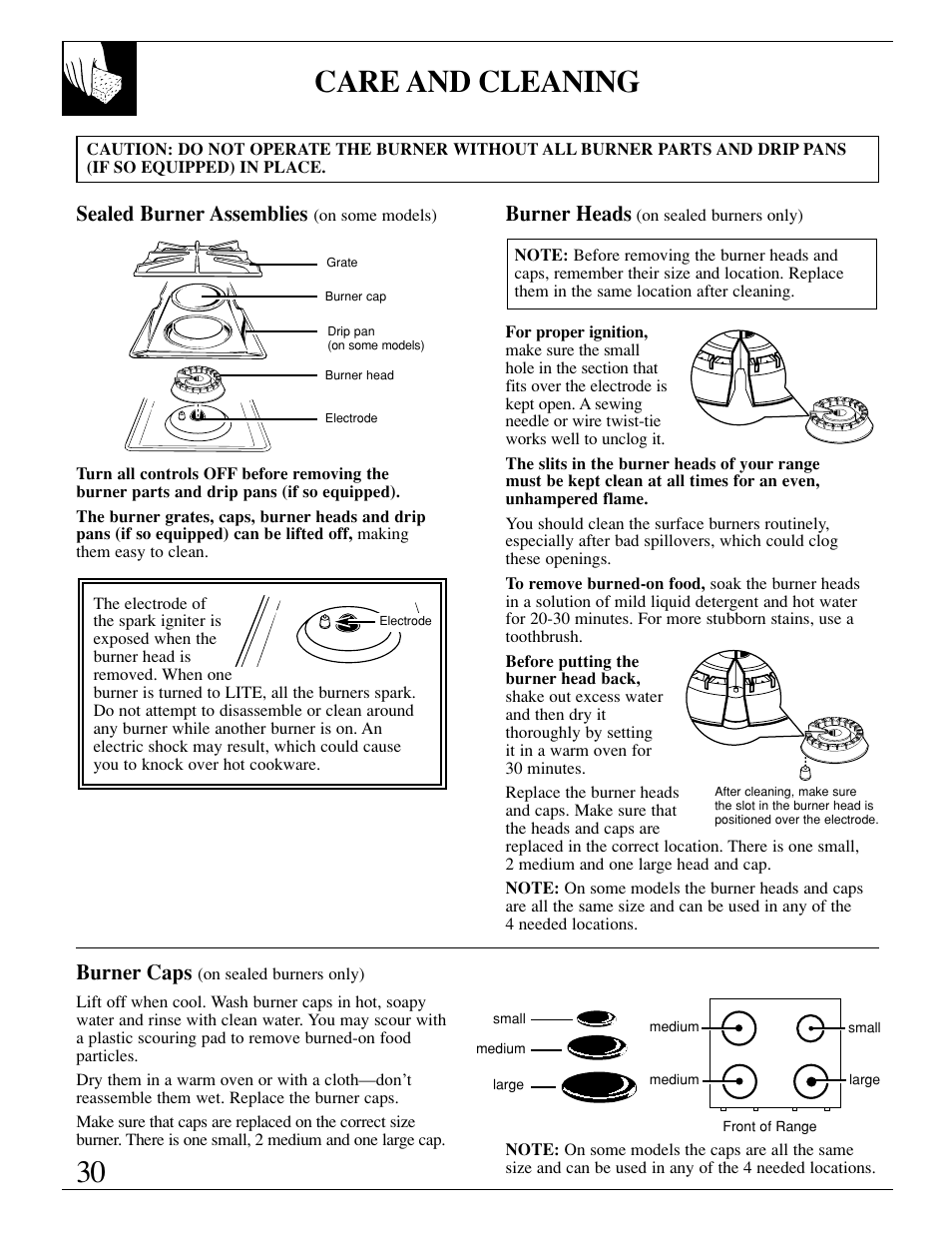 Care and cleaning, Sealed burner assemblies, Burner heads | Burner caps | GE EGR3000 User Manual | Page 30 / 52