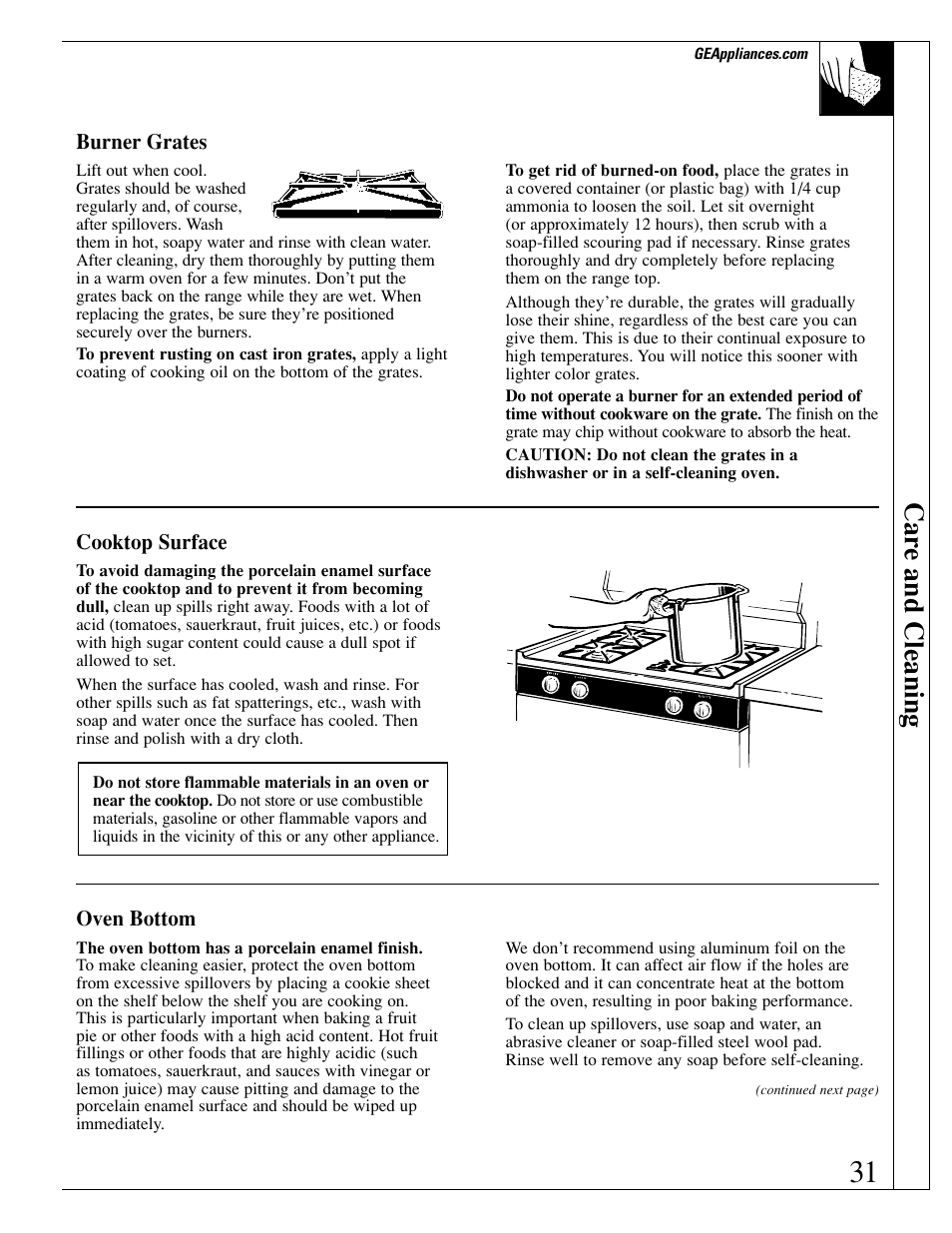 Cooktop, Oven bottom, Car e and cleaning | GE EGR3000 User Manual | Page 31 / 52