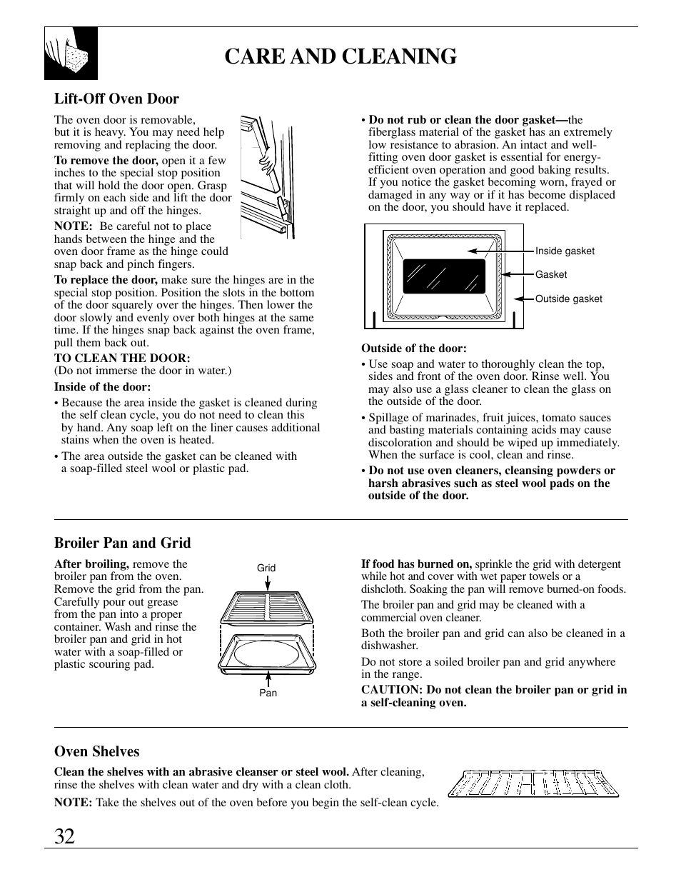 Broiler pan and grid, Door removal, Care and cleaning | GE EGR3000 User Manual | Page 32 / 52