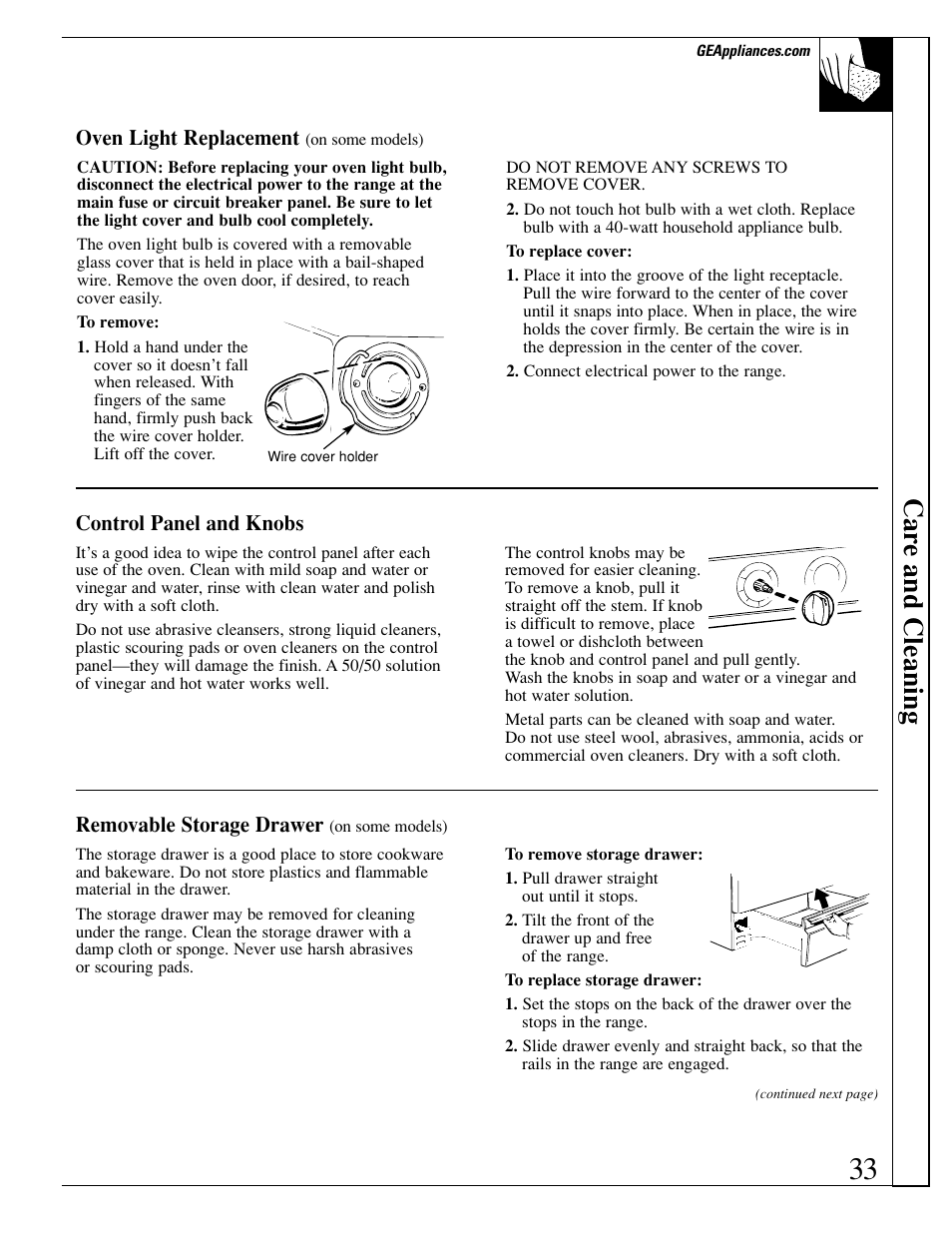 Storage drawer, Car e and cleaning | GE EGR3000 User Manual | Page 33 / 52