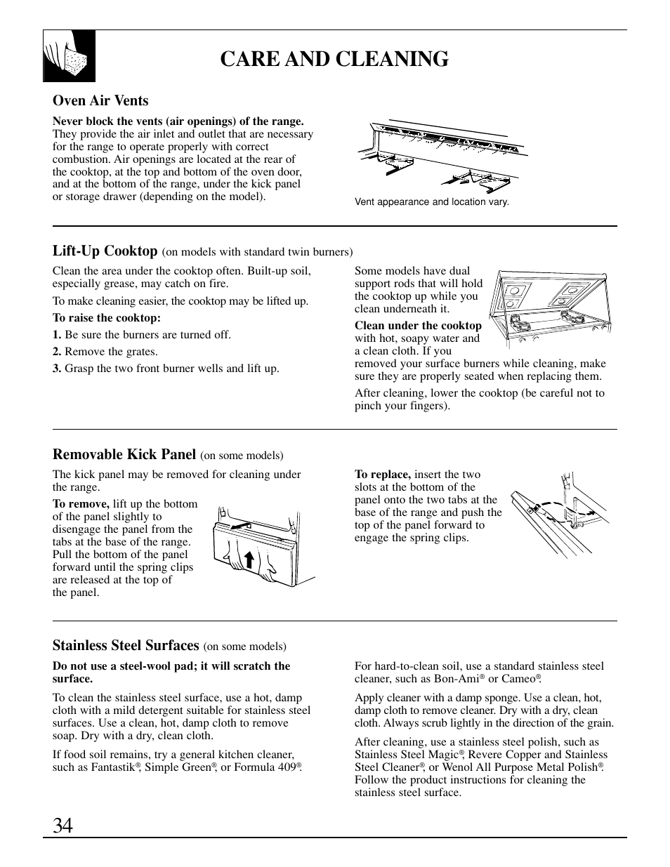 Lift-up cooktop, Oven vents, Stainless steel surfaces | Care and cleaning, Oven air vents, Removable kick panel | GE EGR3000 User Manual | Page 34 / 52