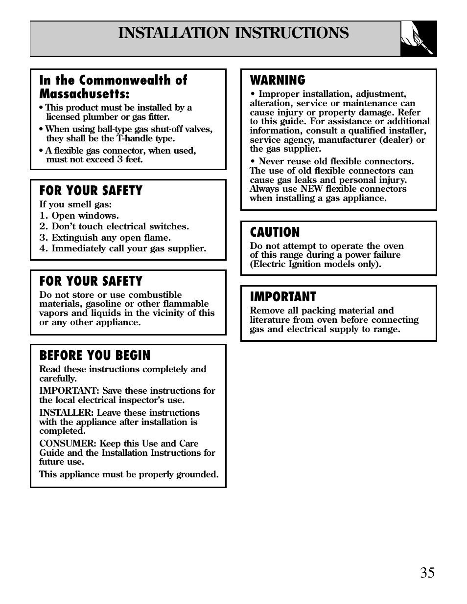 Preparation, Installation instructions, Installation instructions –45 | Important, For your safety, Before you begin, Warning, Caution | GE EGR3000 User Manual | Page 35 / 52