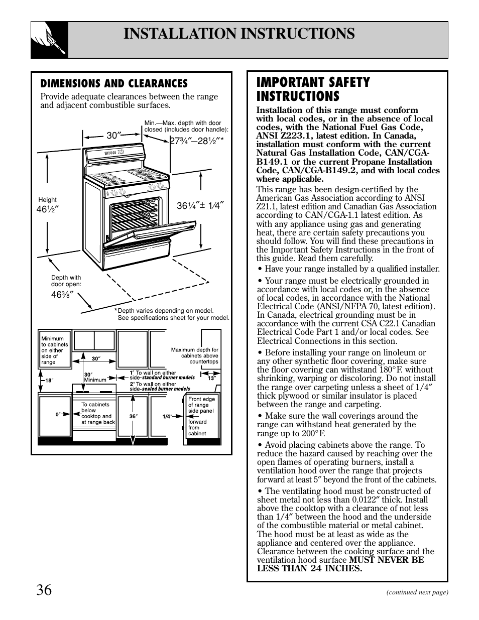36 installation instructions, Important safety instructions, Dimensions and clearances | GE EGR3000 User Manual | Page 36 / 52