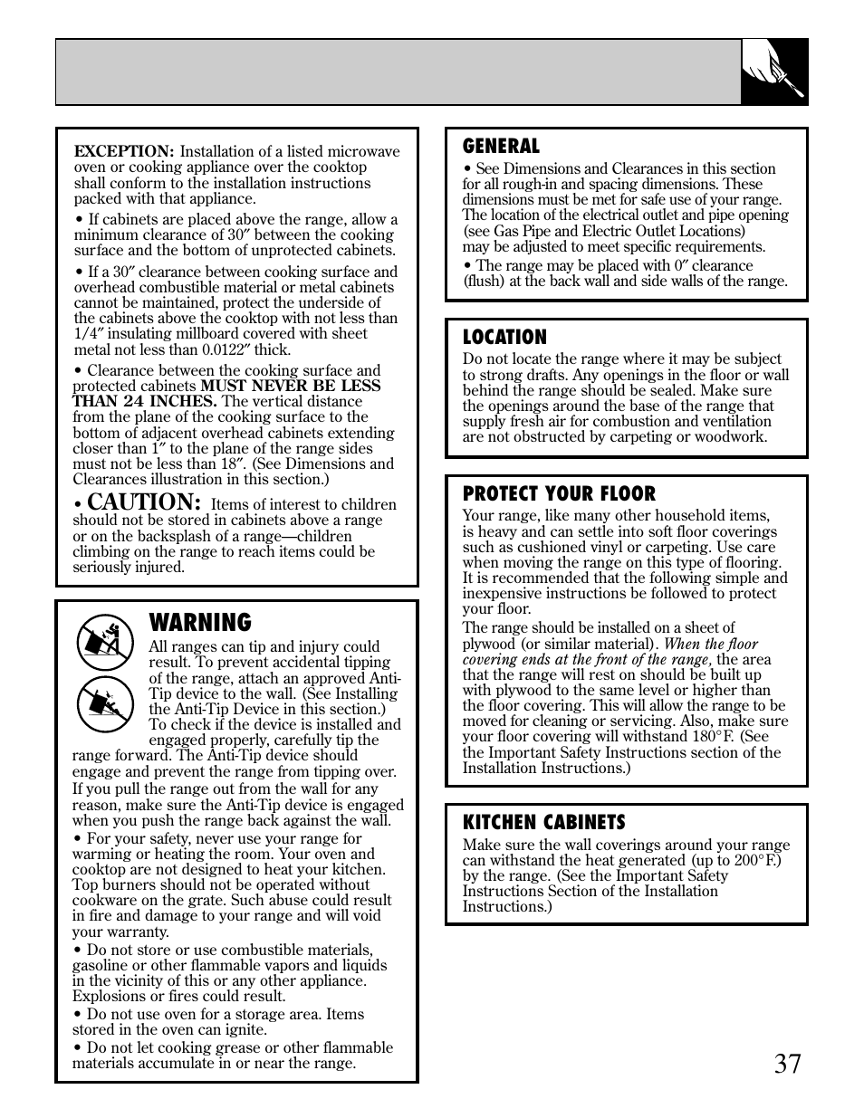 Flooring under the range, Warning, Caution | GE EGR3000 User Manual | Page 37 / 52