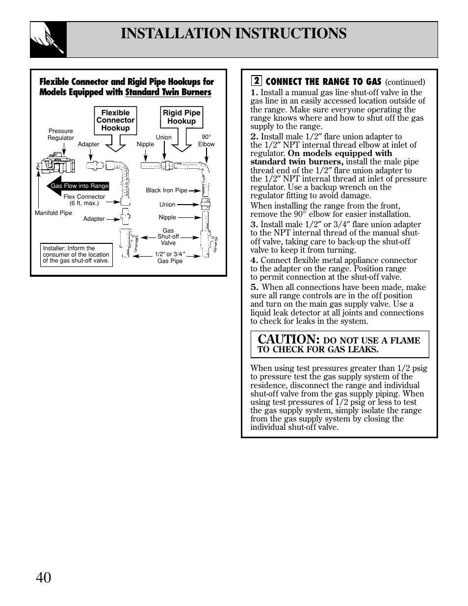 40 installation instructions, Caution | GE EGR3000 User Manual | Page 40 / 52