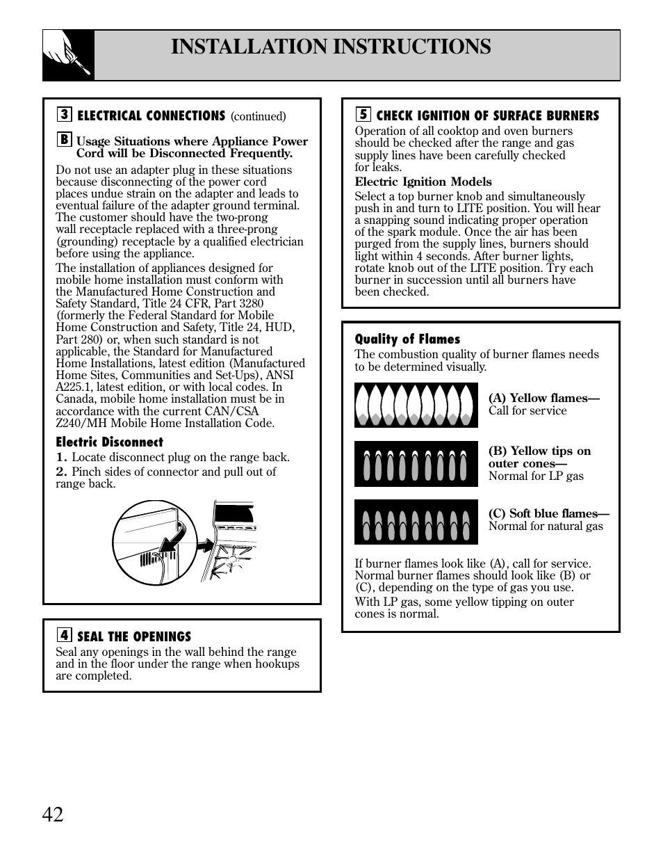 Flame size, Installation instructions | GE EGR3000 User Manual | Page 42 / 52