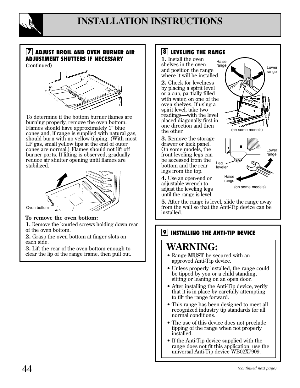 Leveling, 44 installation instructions, Warning | GE EGR3000 User Manual | Page 44 / 52