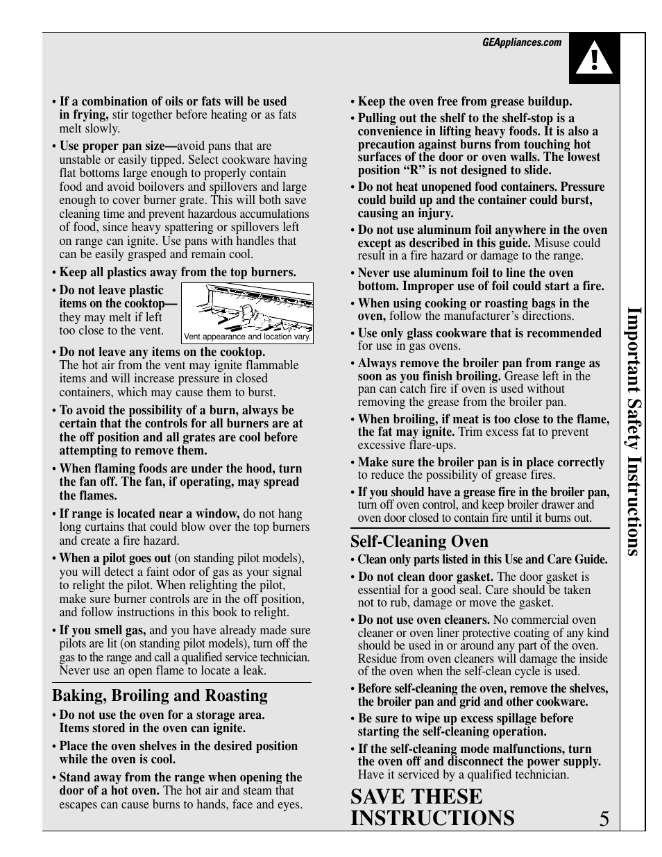 Aluminum foil, Aluminum foil , 15, 22–24, 31, Save these instructions | Important safety instructions, Baking, broiling and roasting, Self-cleaning oven | GE EGR3000 User Manual | Page 5 / 52