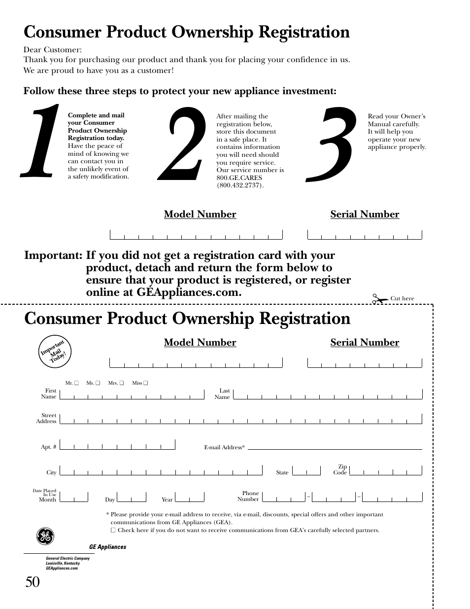 Consumer product ownership registration | GE EGR3000 User Manual | Page 50 / 52