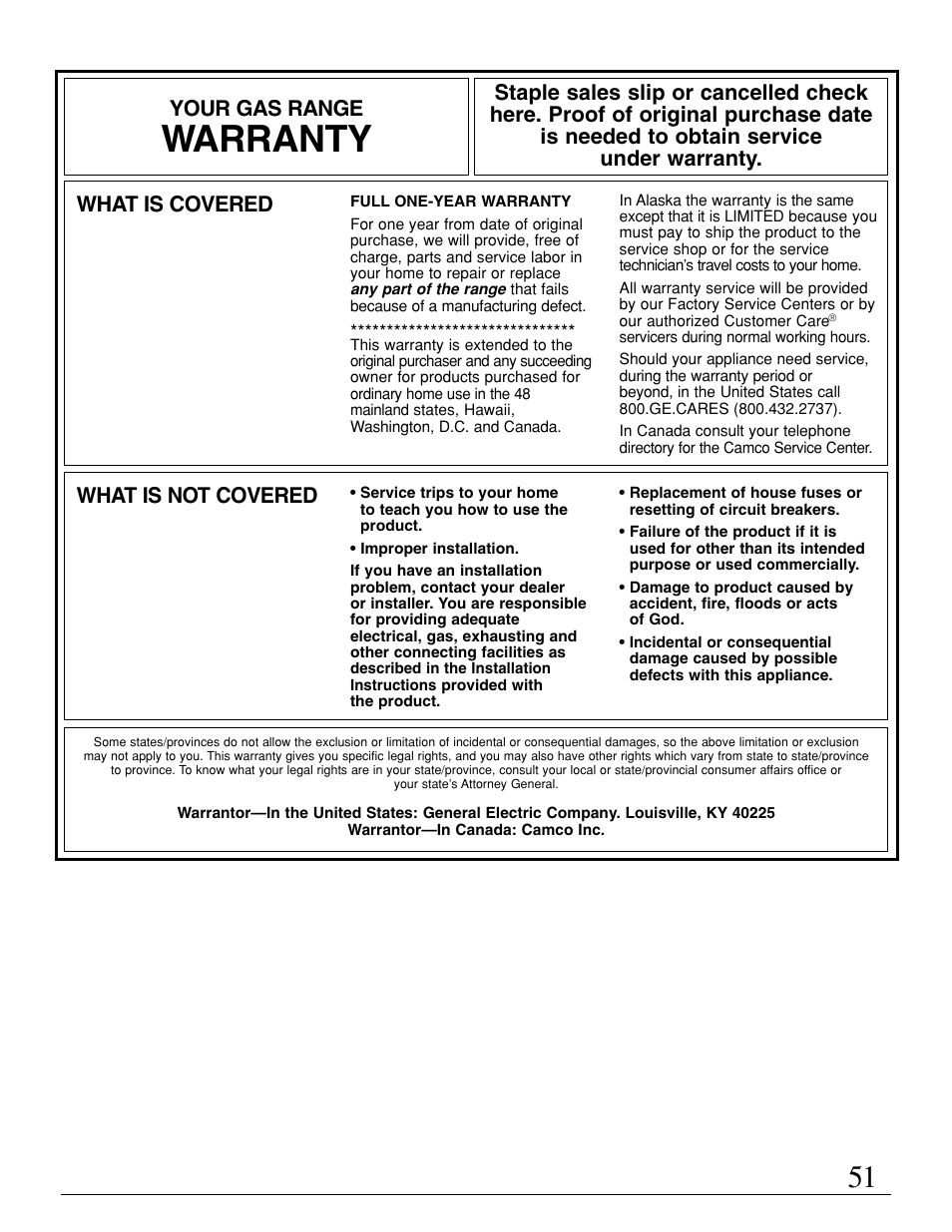 Warranty, What is covered, What is not covered | Your gas range | GE EGR3000 User Manual | Page 51 / 52