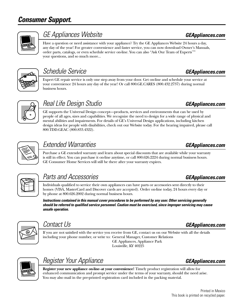 Consumer support, Consumer support . . . . . . . . . .back cover, Consumer support. ge appliances website | Schedule service, Real life design studio, Extended warranties, Parts and accessories, Contact us, Register your appliance | GE EGR3000 User Manual | Page 52 / 52