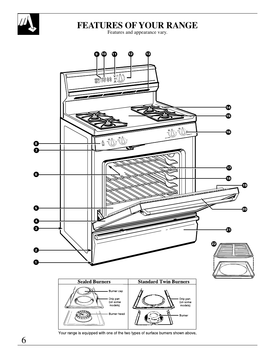 Features, Features , 7, 6features of your range | GE EGR3000 User Manual | Page 6 / 52