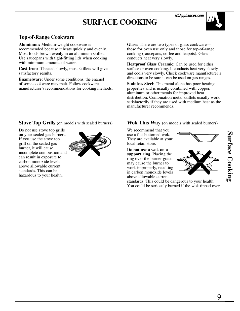 9surface cooking, Surface cooking | GE EGR3000 User Manual | Page 9 / 52