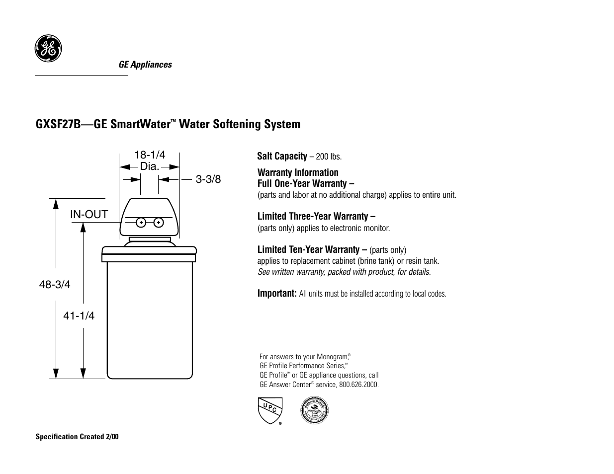 GE SMARTWATER GXSF27B User Manual | 3 pages