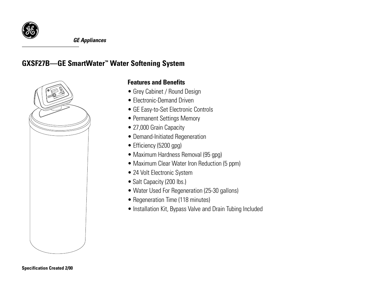 Gxsf27b—ge smartwater, Water softening system | GE SMARTWATER GXSF27B User Manual | Page 3 / 3