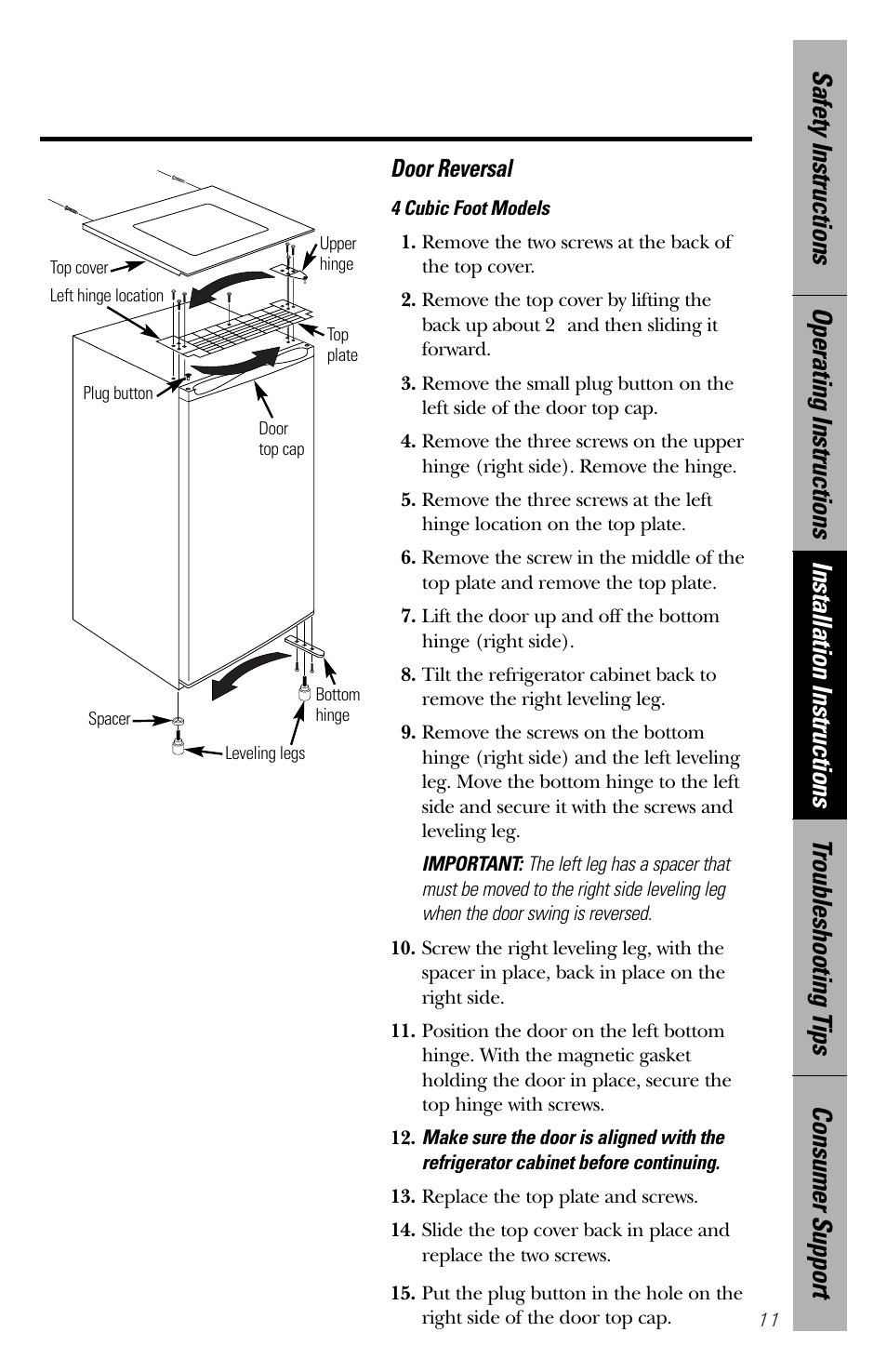 Door reversal | GE 2 User Manual | Page 11 / 16