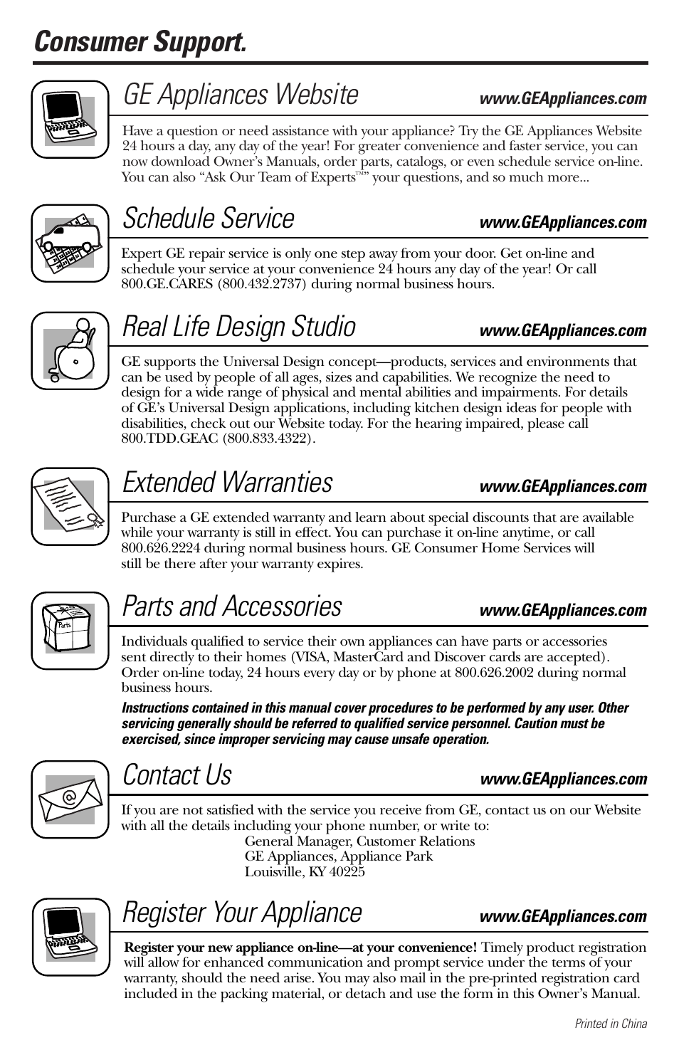 Consumer support, Consumer support . . .back cover, Consumer support. ge appliances website | Schedule service, Real life design studio, Extended warranties, Parts and accessories, Contact us, Register your appliance | GE 2 User Manual | Page 16 / 16