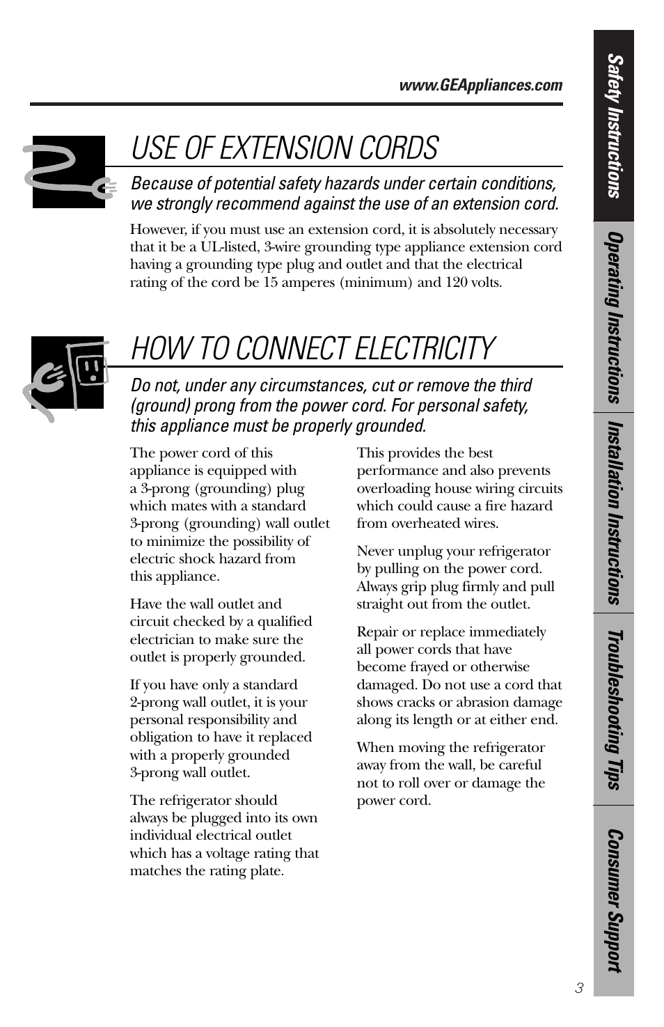Use of extension cords, How to connect electricity | GE 2 User Manual | Page 3 / 16