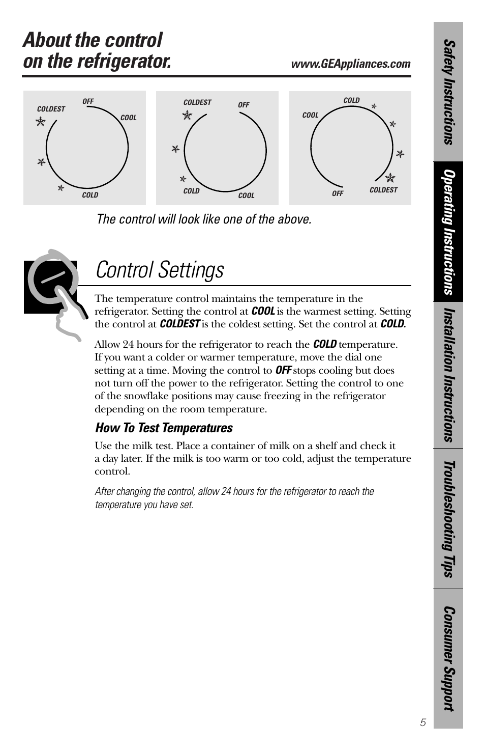 Control settings, About the control on the refrigerator, How to test temperatures | The control will look like one of the above | GE 2 User Manual | Page 5 / 16