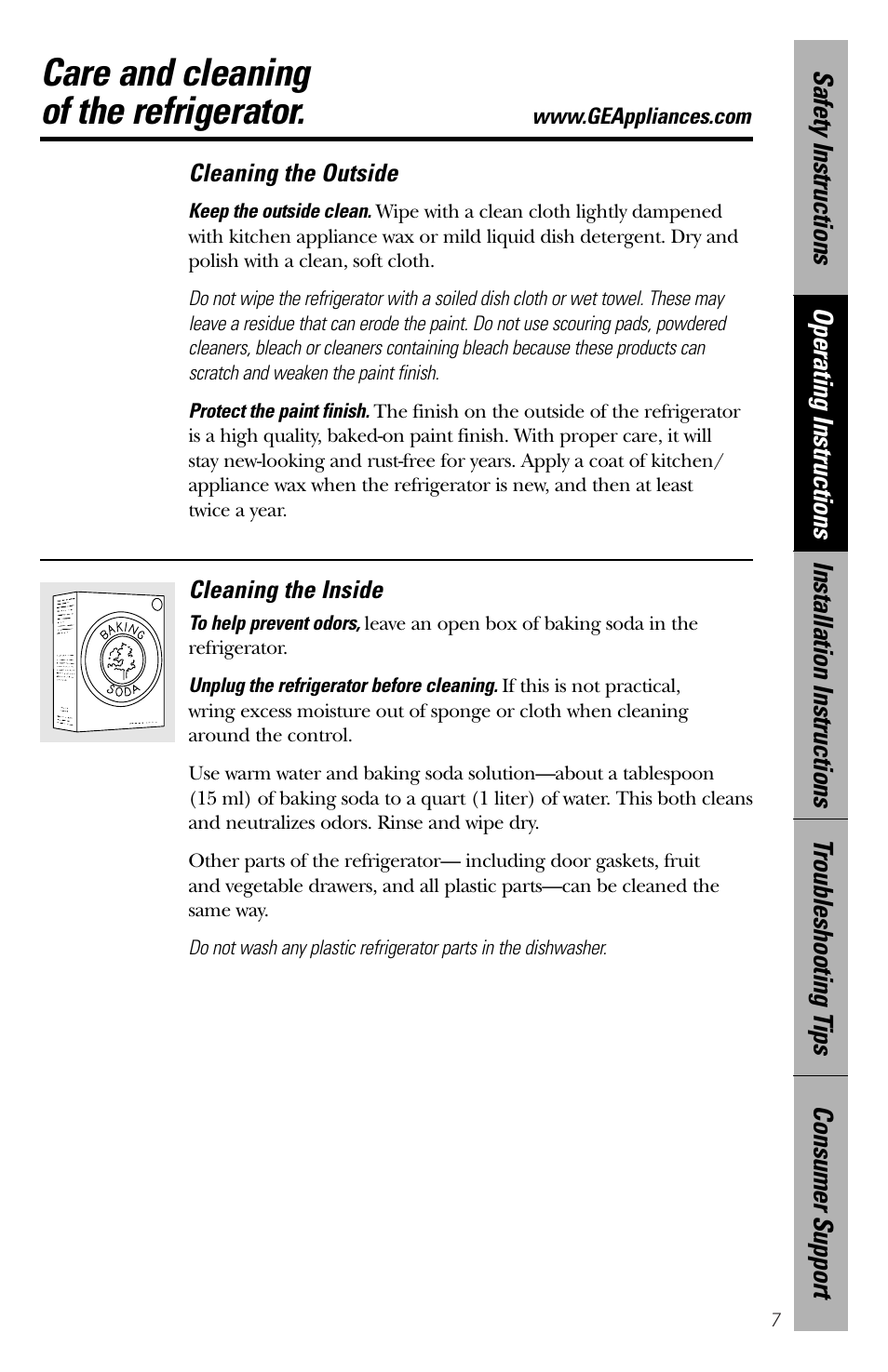 Care and cleaning, Care and cleaning , 8, Care and cleaning of the refrigerator | GE 2 User Manual | Page 7 / 16