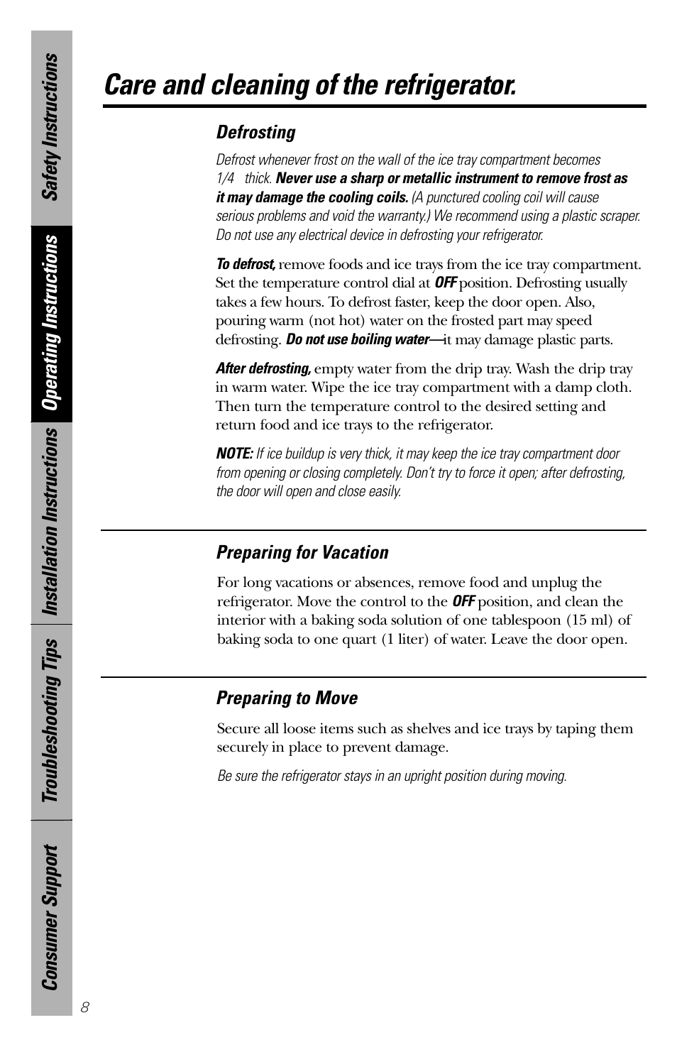 Care and cleaning of the refrigerator | GE 2 User Manual | Page 8 / 16