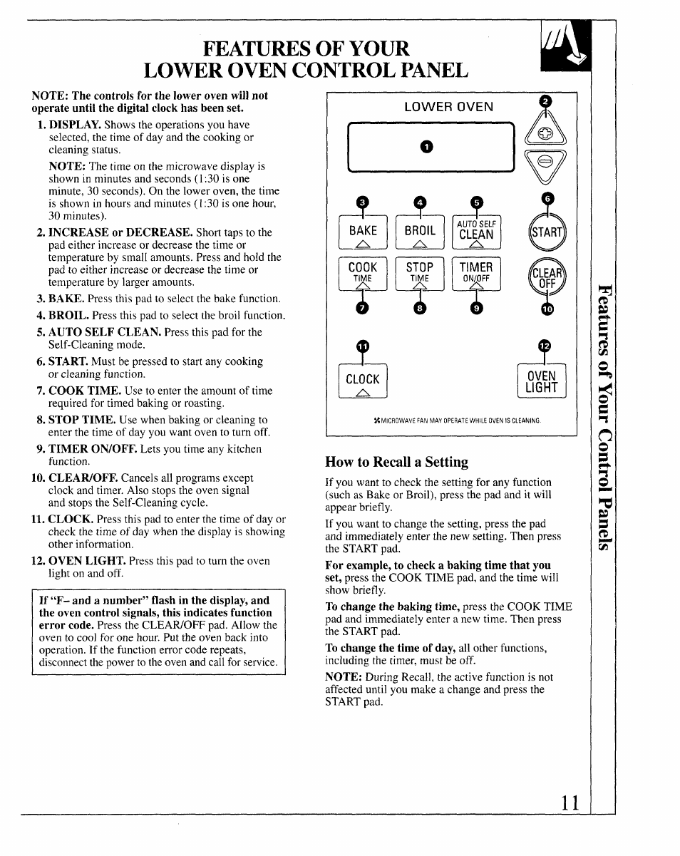 Features of your lower oven control panel, How to recall a setting, Features of your lower oven control panel wv | GE 164D2966P127-I User Manual | Page 11 / 44