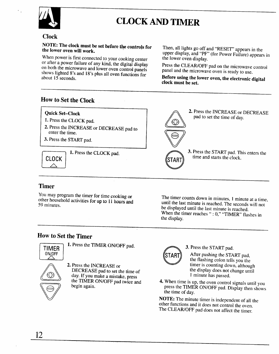 Clock, How to set the clock, Timer | How to set the timer, Clock and timer | GE 164D2966P127-I User Manual | Page 12 / 44