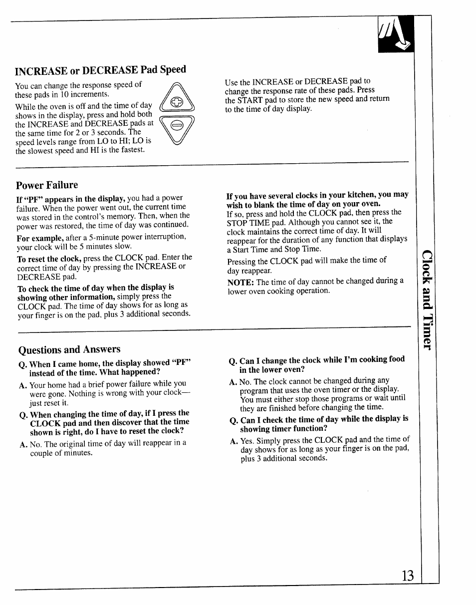 Increase or decrease pad speed, Power failure, Questions and answers | GE 164D2966P127-I User Manual | Page 13 / 44