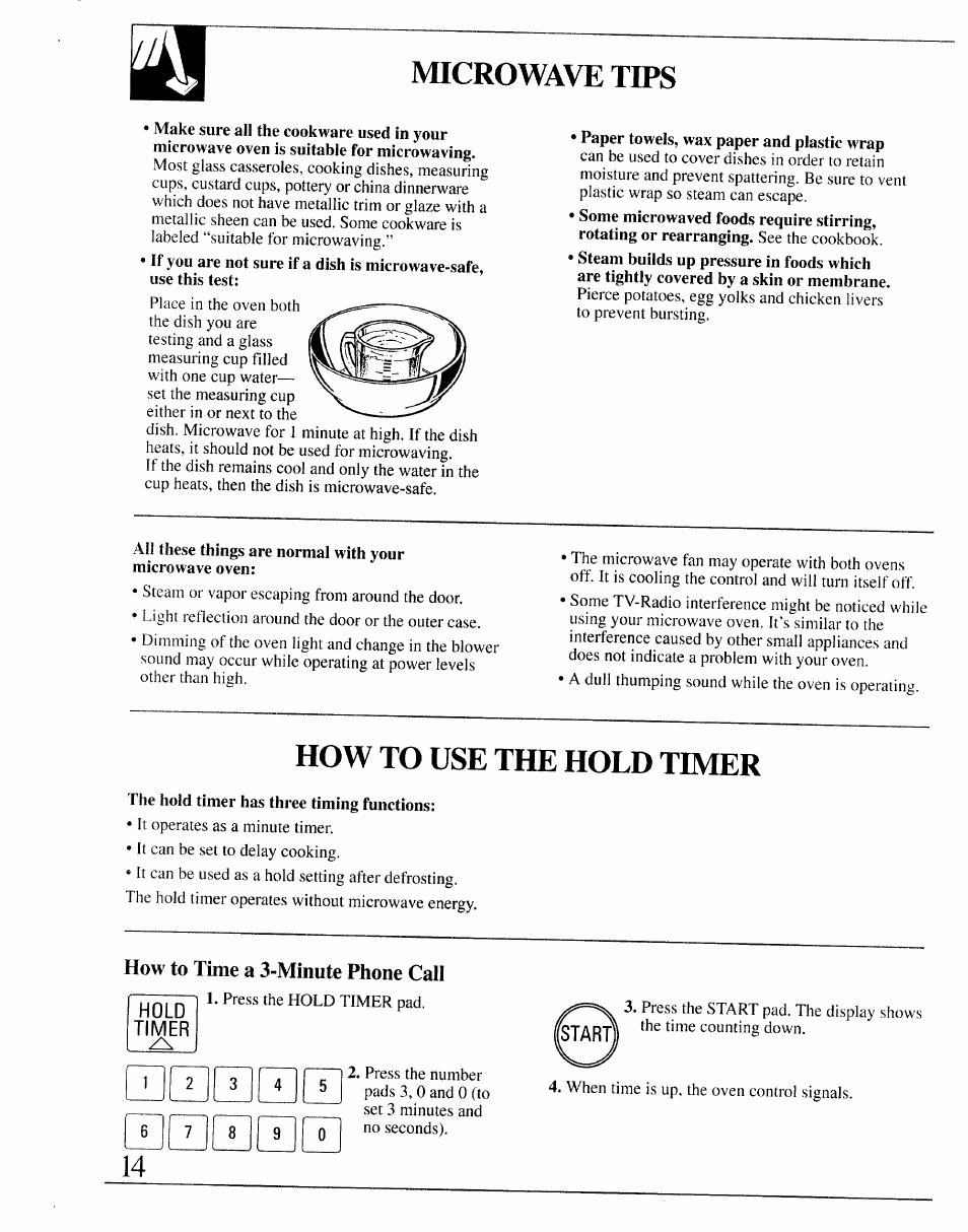 How to use the hold timer, Microwave tips | GE 164D2966P127-I User Manual | Page 14 / 44