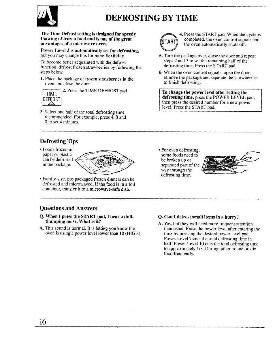 Defrosting by time, Defrosting tips, Questions and answers | Time | GE 164D2966P127-I User Manual | Page 16 / 44