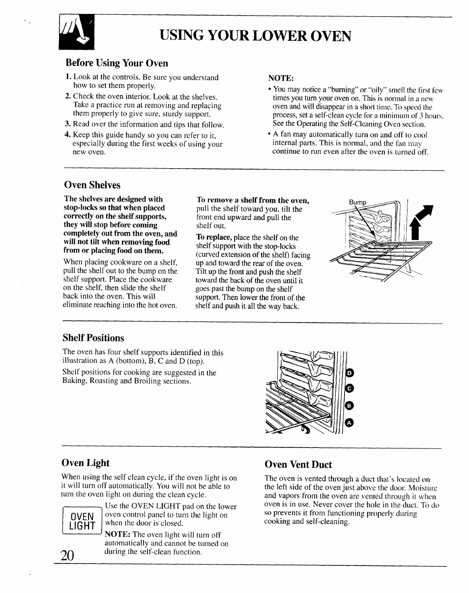 Using your lower oven, Before using your oven, Oven shelves | Shelf positions, Oven light, Oven vent duct | GE 164D2966P127-I User Manual | Page 20 / 44