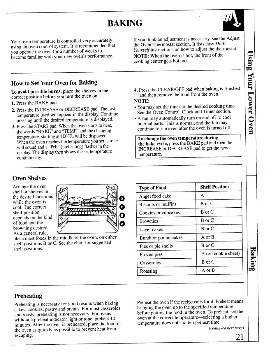 How to set your oven for baking, Oven shelves, Preheating | Baking | GE 164D2966P127-I User Manual | Page 21 / 44