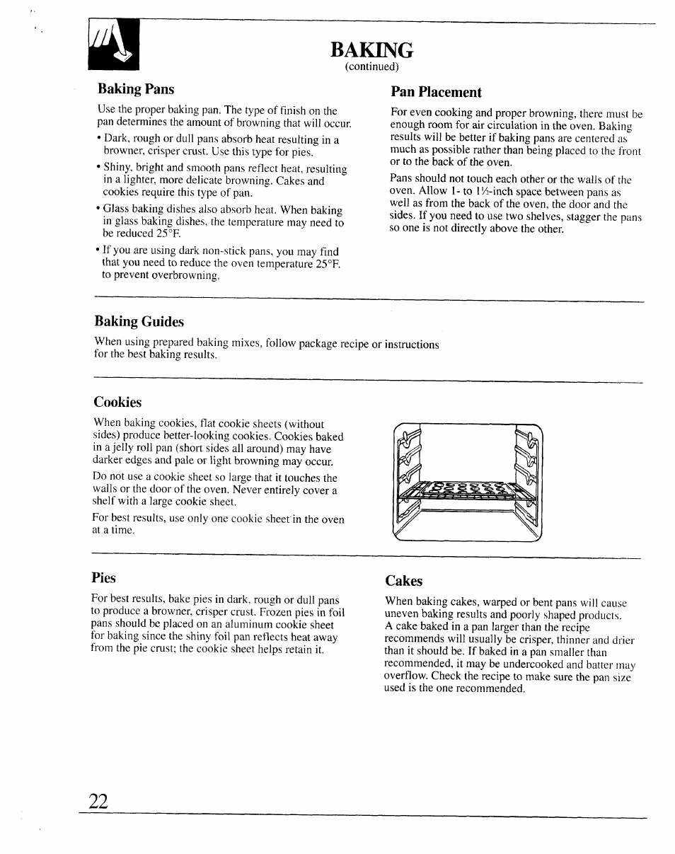 Baking, Baking pans, Pan placement | Baking guides, Cookies, Pies, Cakes, Baking -24 | GE 164D2966P127-I User Manual | Page 22 / 44