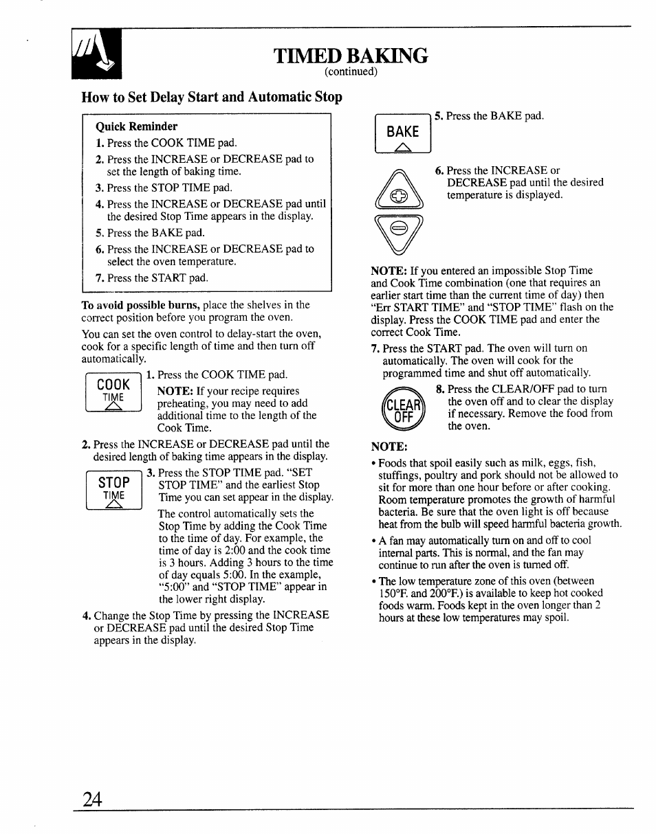 Timed baking, How to set delay start and automatic stop, Timed baking , 24 | GE 164D2966P127-I User Manual | Page 24 / 44