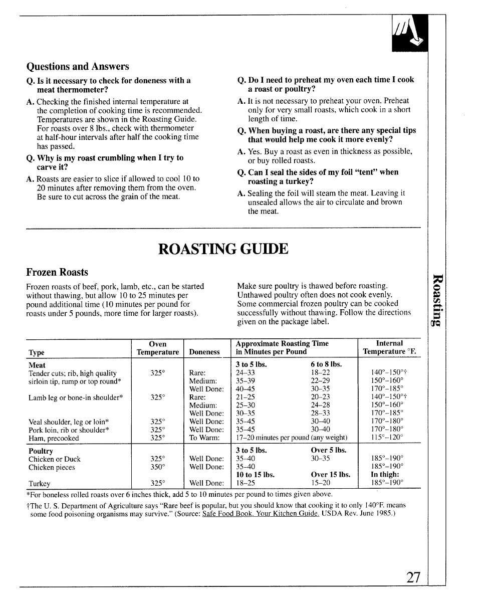 Questions and answers, Roasting guide, Frozen roasts | GE 164D2966P127-I User Manual | Page 27 / 44