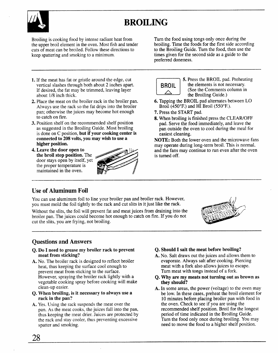 Broiling, Use of aluminum foil, Questions and answers | GE 164D2966P127-I User Manual | Page 28 / 44