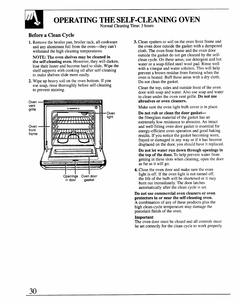 Operating the self-cleaning oven, Before a clean cycle, Masbñ^iwím | GE 164D2966P127-I User Manual | Page 30 / 44
