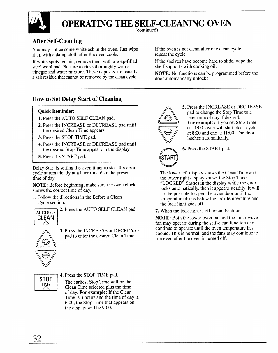 Operating the self-cleaning oven, After self-cleaning, How to set delay start of cleaning | Clean | GE 164D2966P127-I User Manual | Page 32 / 44