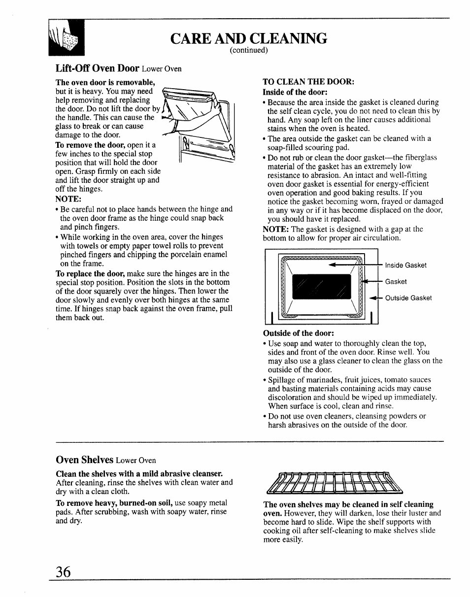 Care and cleaning, Lift-off oven door lower oven, Oven shelves lower oven | GE 164D2966P127-I User Manual | Page 36 / 44