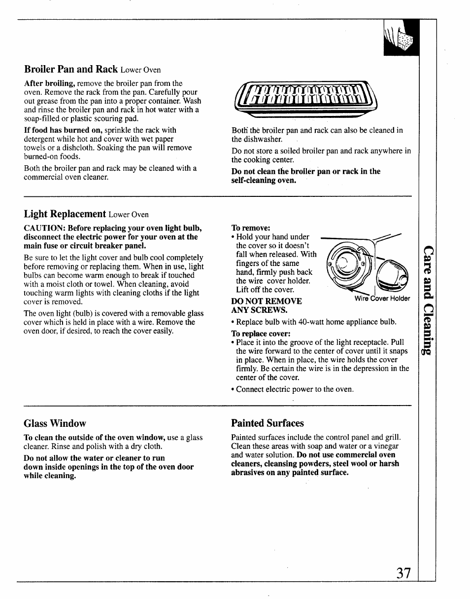 Broiler pan and rack lower oven, Light replacement lower oven, Glass window | Painted surfaces | GE 164D2966P127-I User Manual | Page 37 / 44