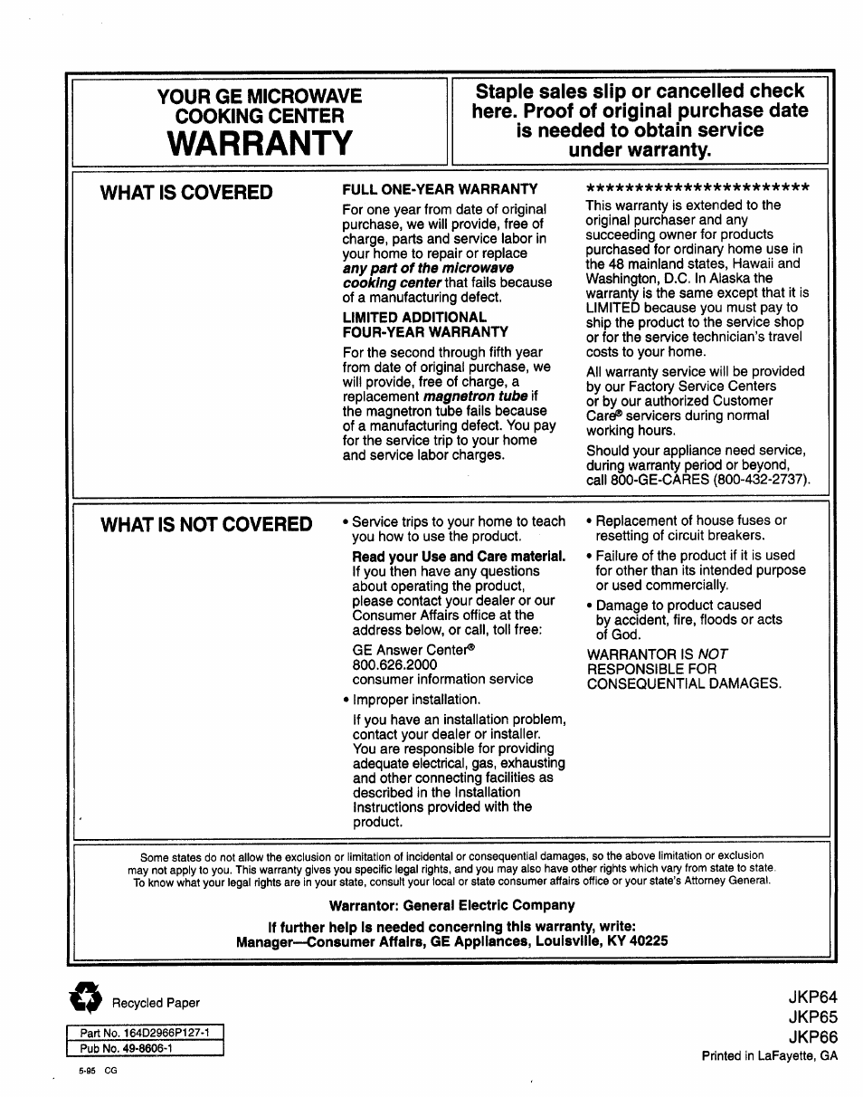 Warranty, Your ge microwave cooking center, What is not covered | GE 164D2966P127-I User Manual | Page 44 / 44