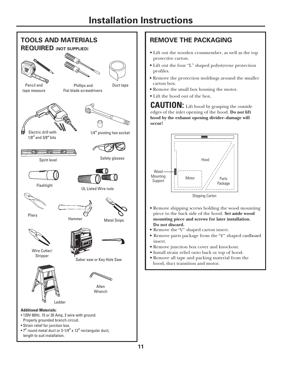 Installation instructions, Caution, Tools and materials required | Remove the packaging | GE JV935 User Manual | Page 11 / 24