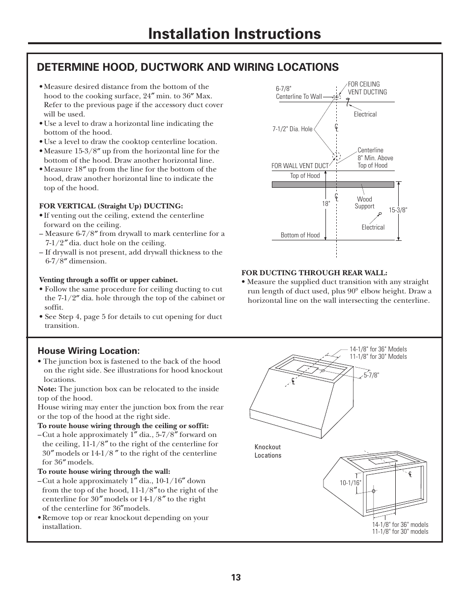 Installation instructions, Determine hood, ductwork and wiring locations | GE JV935 User Manual | Page 13 / 24