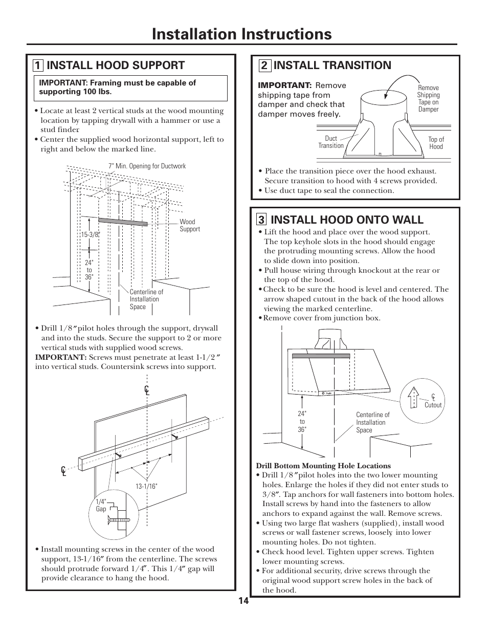 Installation instructions, 1 install hood support, 2 install transition | 3 install hood onto wall | GE JV935 User Manual | Page 14 / 24