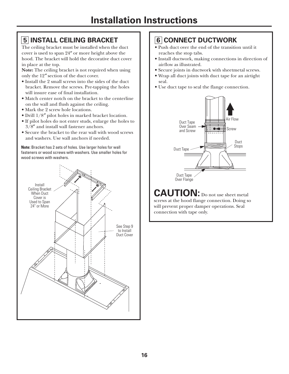 Installation instructions, Caution, 5 install ceiling bracket | 6 connect ductwork | GE JV935 User Manual | Page 16 / 24