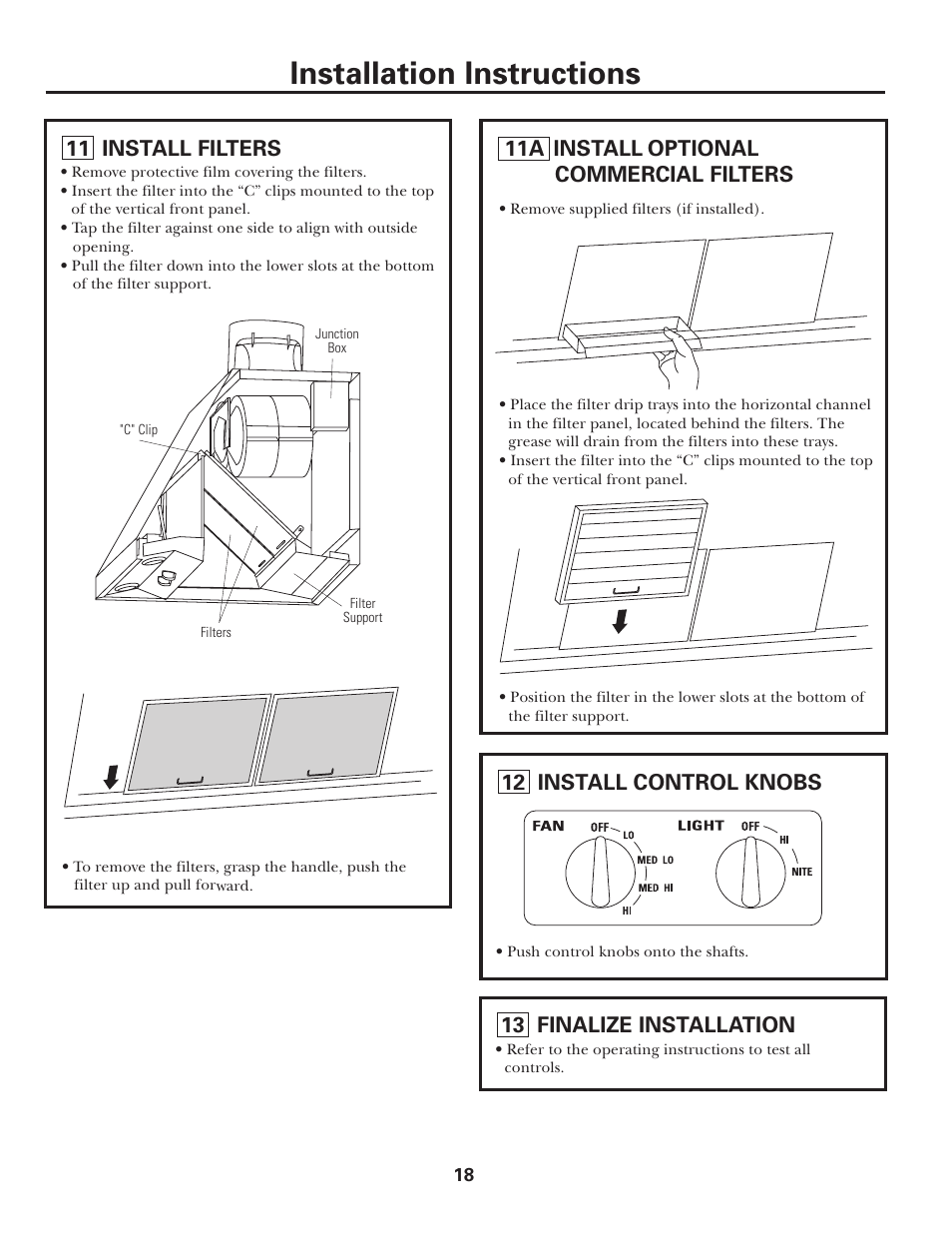 Installation instructions, 11 install filters, 11a install optional commercial filters | 12 install control knobs, 13 finalize installation | GE JV935 User Manual | Page 18 / 24