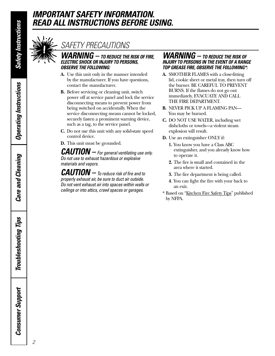 Safety instructions, Caution, Warning | GE JV935 User Manual | Page 2 / 24